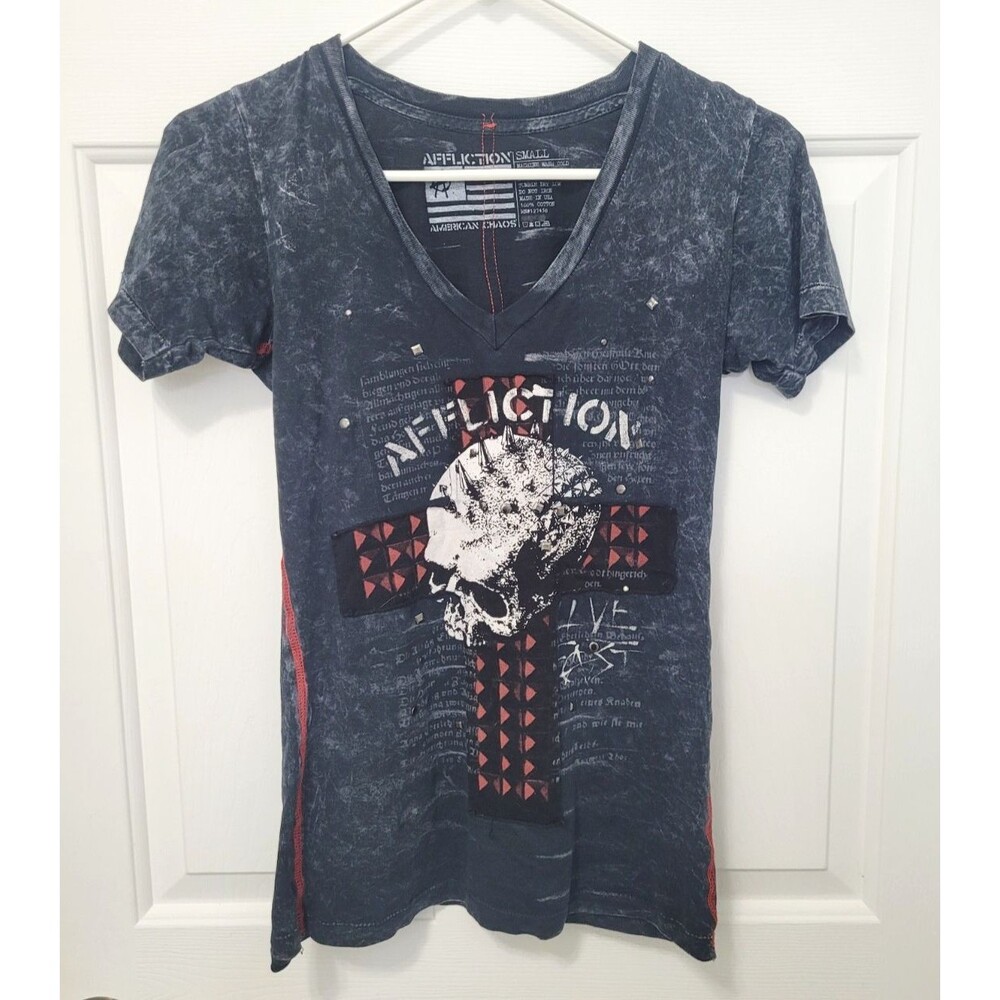 Affliction American Chaos Womens S Shirt Skull Cross Red Stitching Distressed
